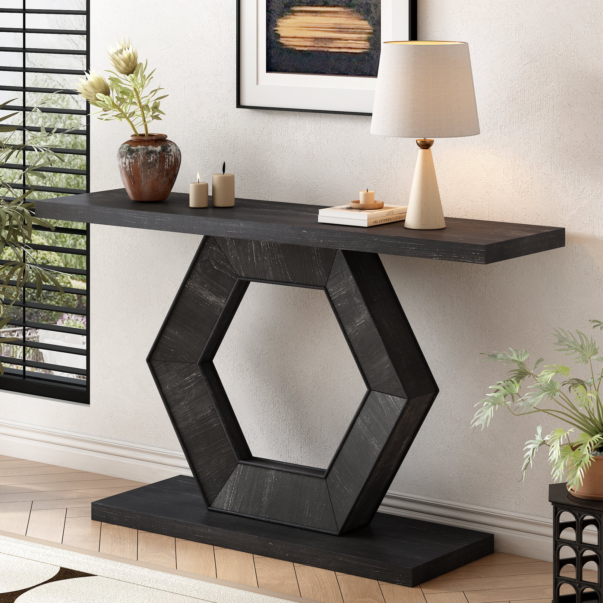 Euroco Modern Entryway Table, 55" Wooden Console Table with Hollow Hexagon Leg,Accent Table Sofa Table for Hallway, Entryway, Living Room,Black