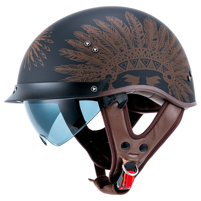 VCOROS Motorcycle Half Helmet Sun Visor Quick Release Buckle Dot Approved Half Face Helmets for Men Women (2#Indian Chief, M)