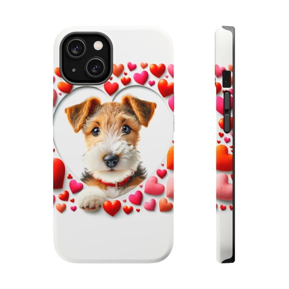 DistinctInk Tough Case for Apple iPhone 15 (6.1" Screen), Compatible with MagSafe Charging - Valentine's Day Wire Fox Terrier Puppy