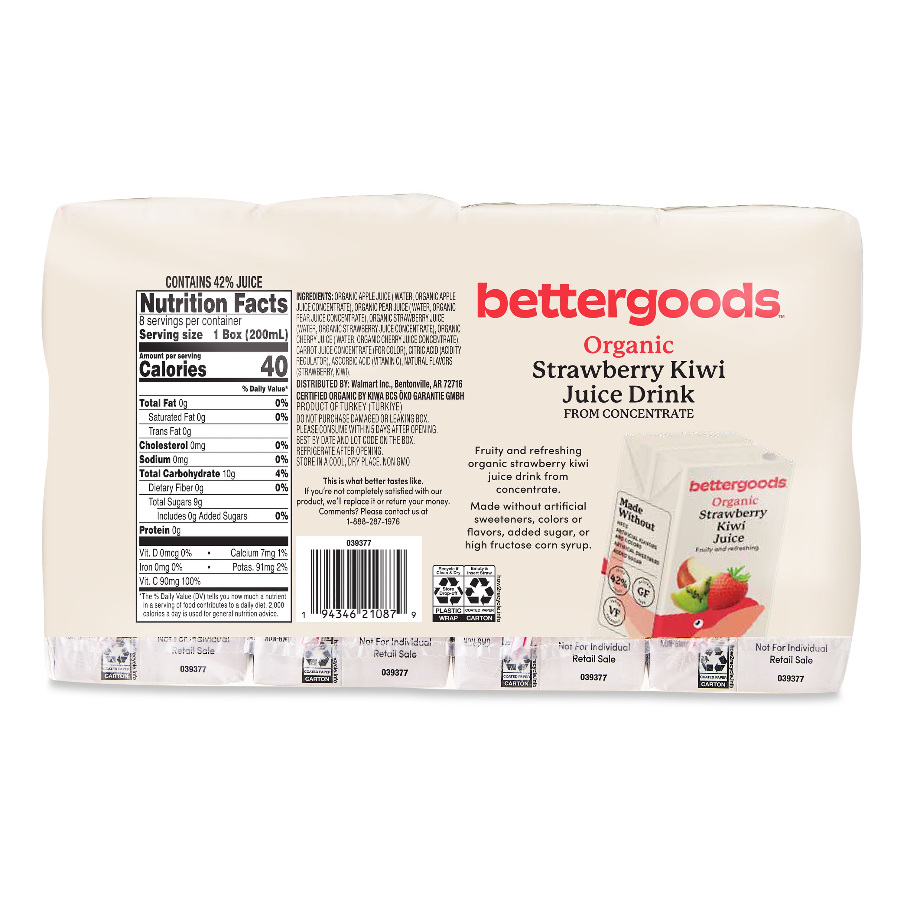 (5 pack) bettergoods Organic Strawberry Kiwi Juice Drink, 6.75 fl oz , 8 Count