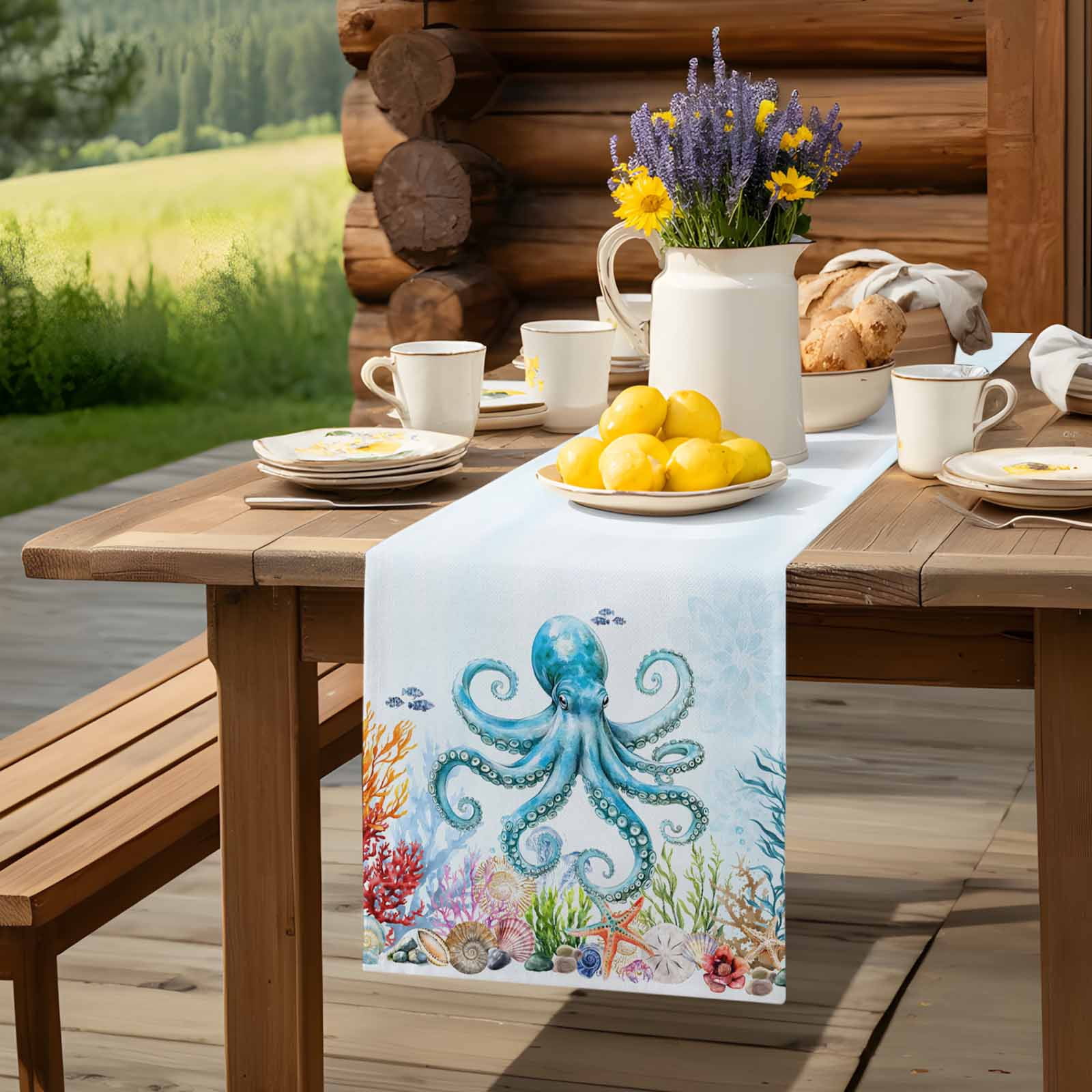 Octopus Ocean Coral Starfish Table Runner 90 Inches Long, Sea Monster Underwater World Table Runners Tabletop Scarf Kitchen Dining Tables Decoration for Home Party Indoor Outdoor