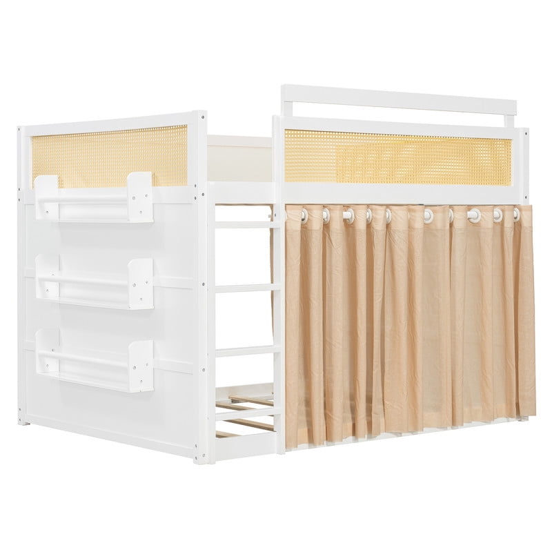 Full Size Bunk Bed with 3-Tier Storage Shelf, Rattan-Style Decor, Privacy Curtains and LED Light Strip, Modern Wood Full Over Full Bunk Bed Frame for Kids Teens