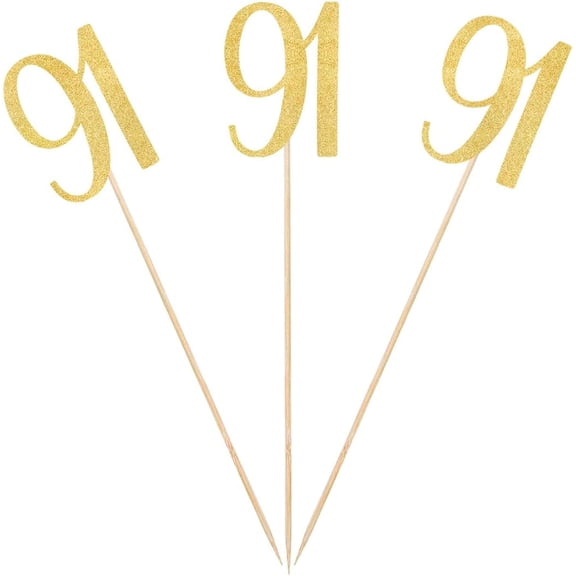 Gold Glitter 91st Birthday Centerpiece Sticks, 12-Pack Number 91 Table Topper Anniversary Party Decorations