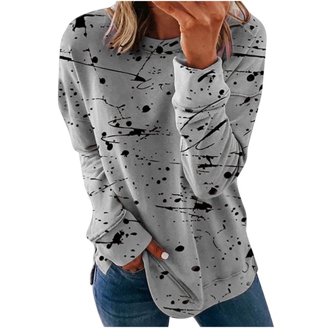 IROINID Liquidation Hauts Grande Taille pour Femmes Manches Longues Imprimé Confortable Respirant Col Rond Chemise Hauts, Gris