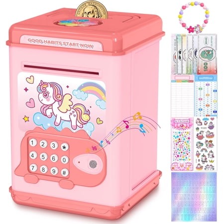 TCJJ Unicorn Piggy Banks for Kids,Money Box for Girl with Password & Fingerprint Unlocking,4 Stickers & Unicorn Bracelet&Accounting Sheet,Girls Unicorn Gifts for Birthday,Christmas