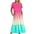 thumbnail image 6 of Penkiiy Women's Summer Casual Short Sleeve Crewneck Gradient Print Swing Dress Flowy Tiered Maxi Beach Dress with Pockets 2XL Multicolor, 6 of 7