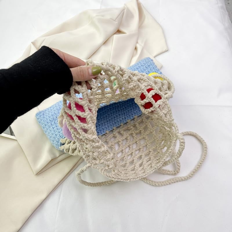 JennyShop Crochet Openwork Tote Bag for Women, Hot Sale Knitted Shoulder Bag Patchwork Color Clashing Handbag