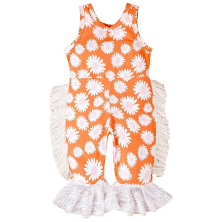 

Baby Girls Bodysuits Summer Toddler Girls Sleeveless Daisy Prints Lace Tassels Jumpsuit Outwear For Kids Clothes For 3-4 Years