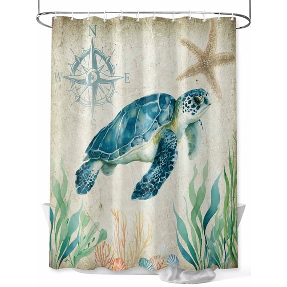Beach Coastal Theme Shower Curtain, Vintage Sea Turtle Bathroom Decor Curtains Set with Hooks, Waterproof Fabric Home Accessories， 72 X 84 Inch Extra Long