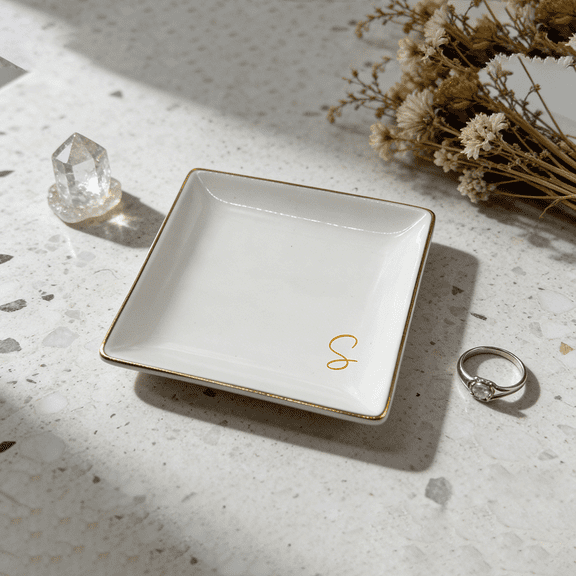 Letter S jewelry dish,ceramic jewelry dish,3.9in Square White & Gold Accent Jewelry Dish - Organizer Tray for Rings, Earrings & Small Accessories