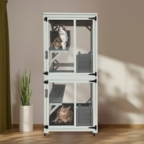 Kosynda 4 Tiers Cat House Outdoor Catio Cat Enclosures on Wheels, Wooden Cat Condo with 3 Platforms and Weatherproof Roof for Patio, Yard, Gray