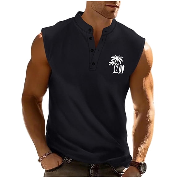 Bpyeka Men's Stand Collar Partial Button Sleeveless Henley Tank Tops, Palm Tree Graphic Casual Athletic Shirts for Running Workout & Summer Daily Wear, S-3XL
