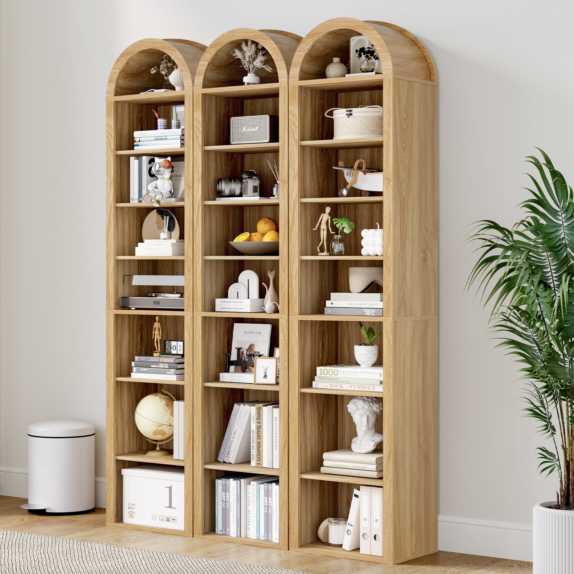 LEFHDA Narrow 8-Tier Arched Bookcase – Oak, 15.7-Inch Wide Open Shelf for Books, Media Storage (CD/DVD), Bathroom, or Entryway