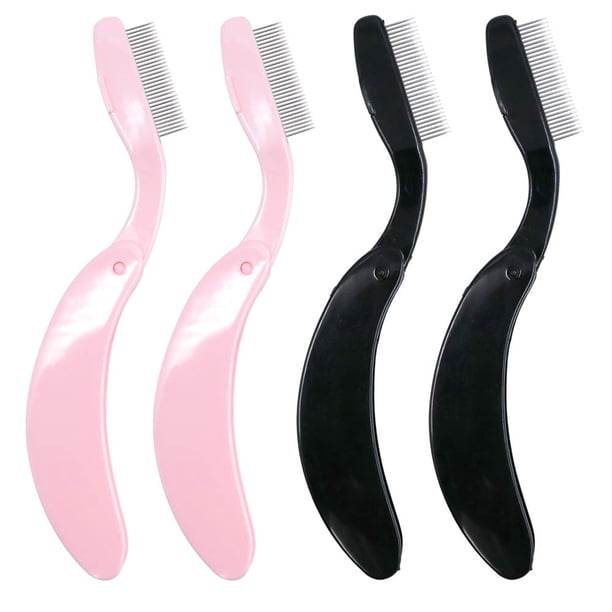 G2PLUS 4 peines plegables para pestañas, peine para cejas, dientes de metal, separador de pestañas, cepillo de pestañas y peine, herramienta profesional para definir pestañas y cejas (rosa+negro)