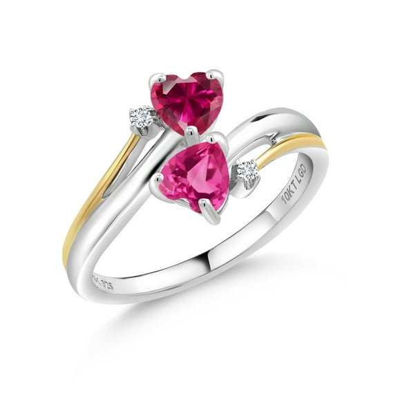 Gem Stone King 1.22 Ct Red Created Ruby Pink Created Sapphire 925 Silver and 10K Yellow Gold Lab Grown Diamond 2 Heart Promise Couple Engagement Mother Ring (Size 6)