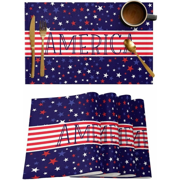 4th of July Placemats Set of 6,Washable Woven Burlap Cloth Fabric Placemat for Square/Rectangle/Round/Oval Dining Table,Easy Clean Place Mats for Kids Red Blue Stripes Stars Patriotic Memorial Day