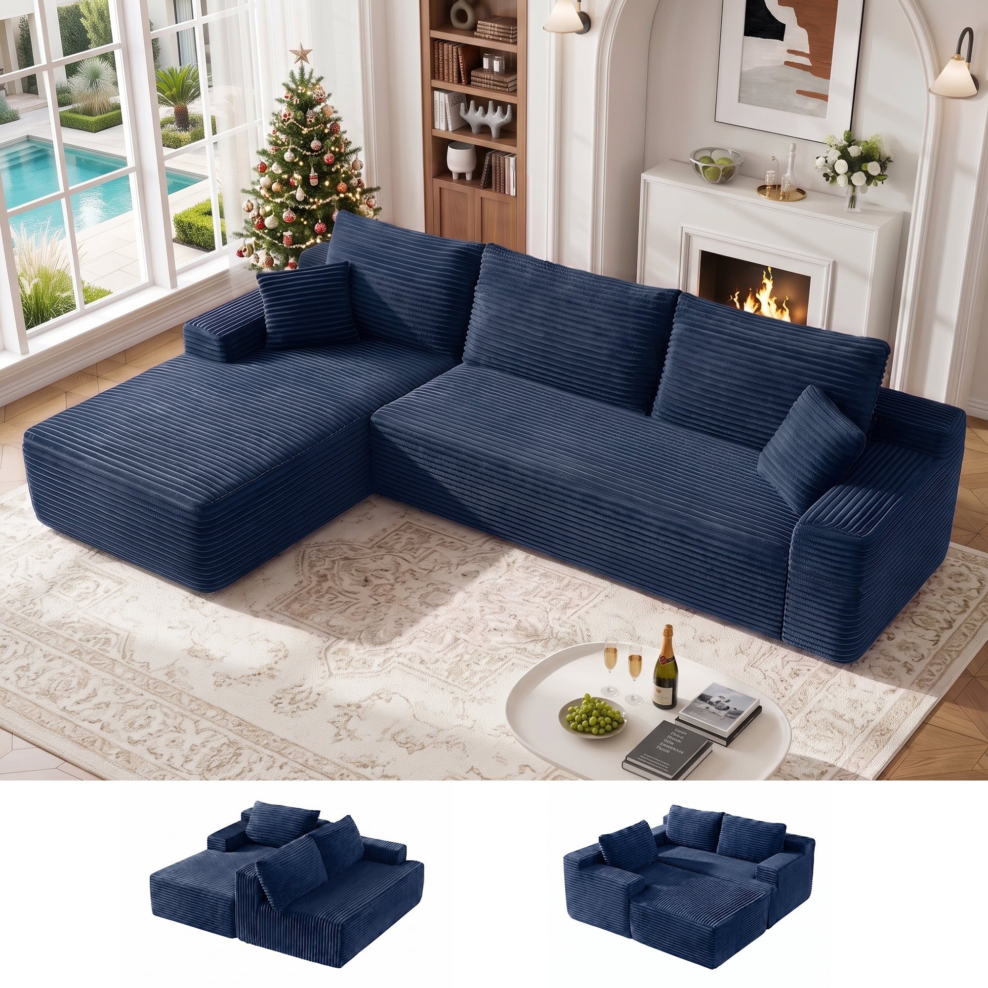 Aukfa 107" Boneless Modular Sectional Sofa, L-Shaped Corduroy Couch with Deep Seat and Left-Facing Chaise for Living Room, Blue