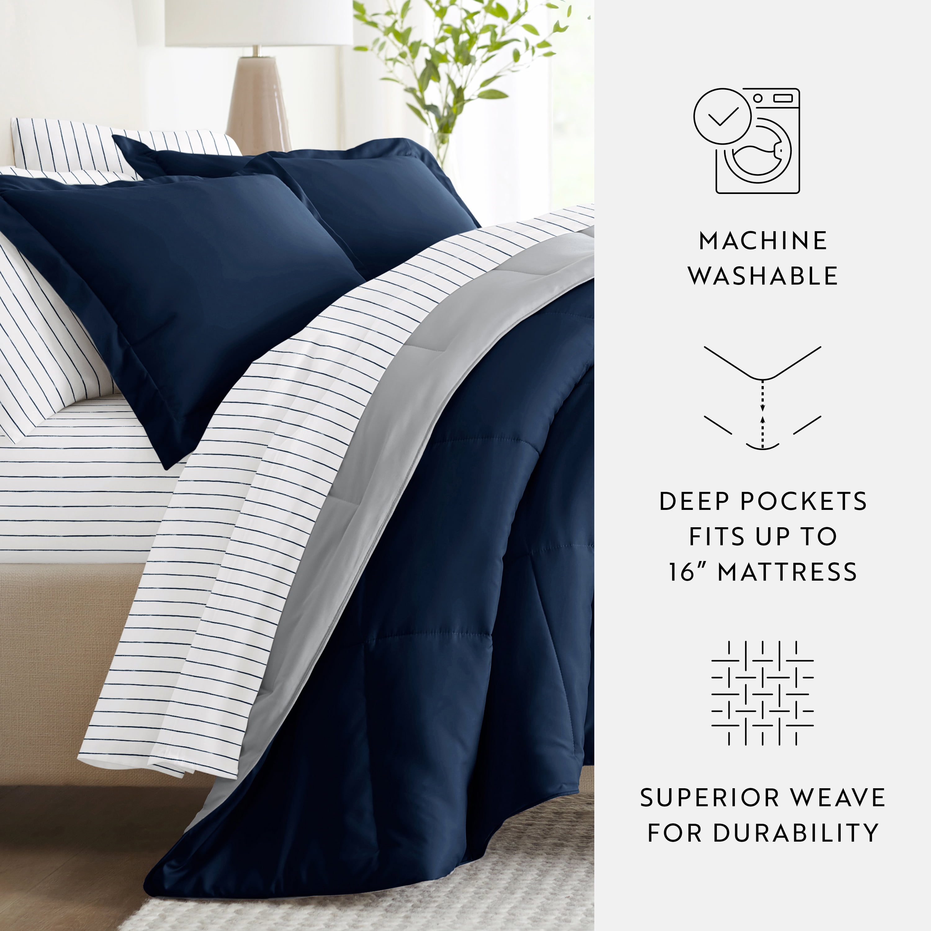 Noble Linens 5 Piece Bedding Bundle, Reversible Comforter and Patterned Sheet Set, Twin