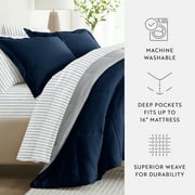 Noble Linens 7 Piece Bedding Bundle, Reversible Comforter and Patterned Sheet Set, Queen