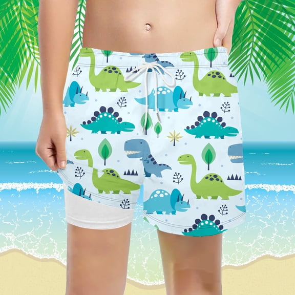 Shorts For Boys High-Waisted Dinosaur Print Loose Fit Tie-Closure Lined Elastic Waist Swim Shorts for Daily Wear Sky Blue