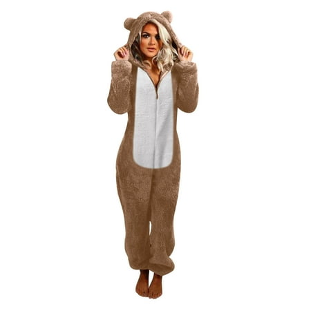 

PIMOXV Adult Onesie Plush Women Pajamas Fashion Zipper Fleece Hooded Rompers Color Block Short/Long Jumpsuits Winter Warm Housewear Pjs