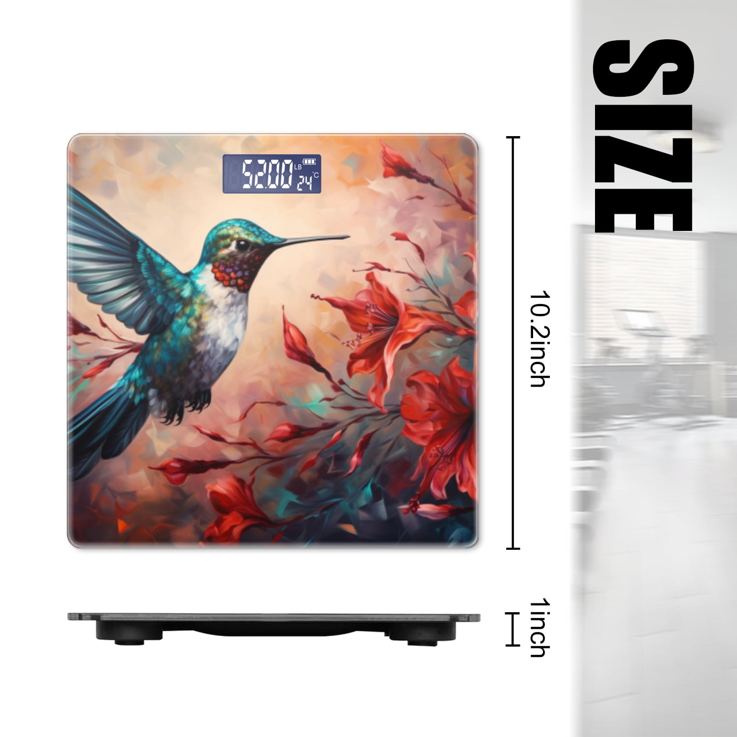 Digital Bathroom Scale with Large LCD Display,High Capacity Scale 400 lbs High Precision body fat scale-Oil Painting Of Hummingbird In Flight With Red Flowers