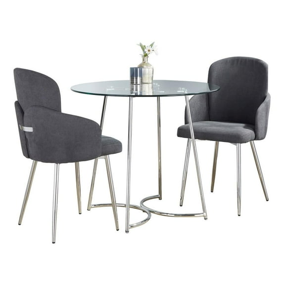 LumiSource Chrome Metal, Clear Glass, Grey Fabric Cece-Dahlia Dining Set - 3 Piece