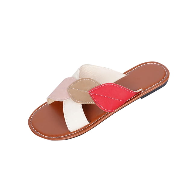 Mujeres Zapatos Negros Estilo Hoja Patchwork Sandalias, Zapatos Negros Planos Más Tamaño Bloque de Color Peep Toe Playa Verano