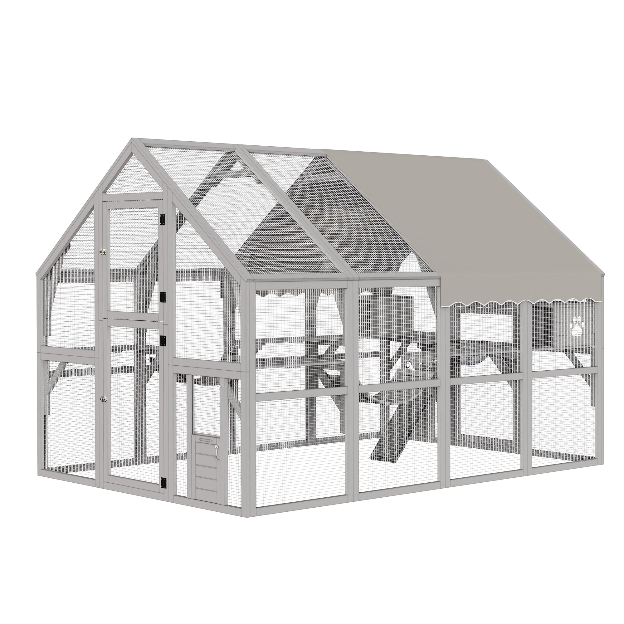 Uforic 110" Catio Outdoor Cat Enclosure Large Wooden Cat House with with Weatherproof Roof, Cat Scratcher Ramp, Space Capsule Bed, 2 Bridges, 2 Resting Houses, 7 Platforms for Multiple Cats