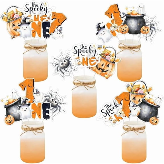 24 Halloween 1st Birthday Centerpieces Sticks, Orange Black The Spooky One Table Topper, Witch Hat Spooky Ghost Pumpkin Theme Halloween First Bday Baby Shower Decoration Supplies