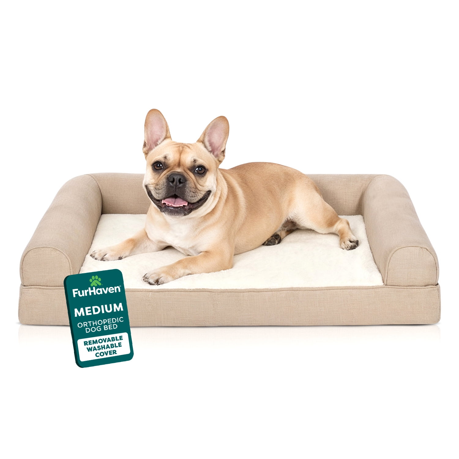 FurHaven Plush & Performance Linen Orthopedic Sofa Pet Bed for Dogs & Cats - Flax, Medium