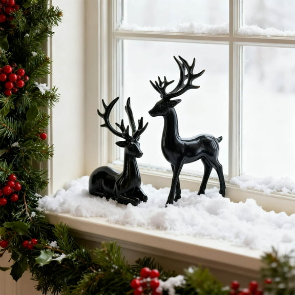 Deer Figurines Set Of 2 - Hand-Painted Reindeer Table Decor, Lightweight Plastic for Wine Cabinet Mantel or Tv Stand Instant Valentines Day Christmas Vibes Housewarming Wedding