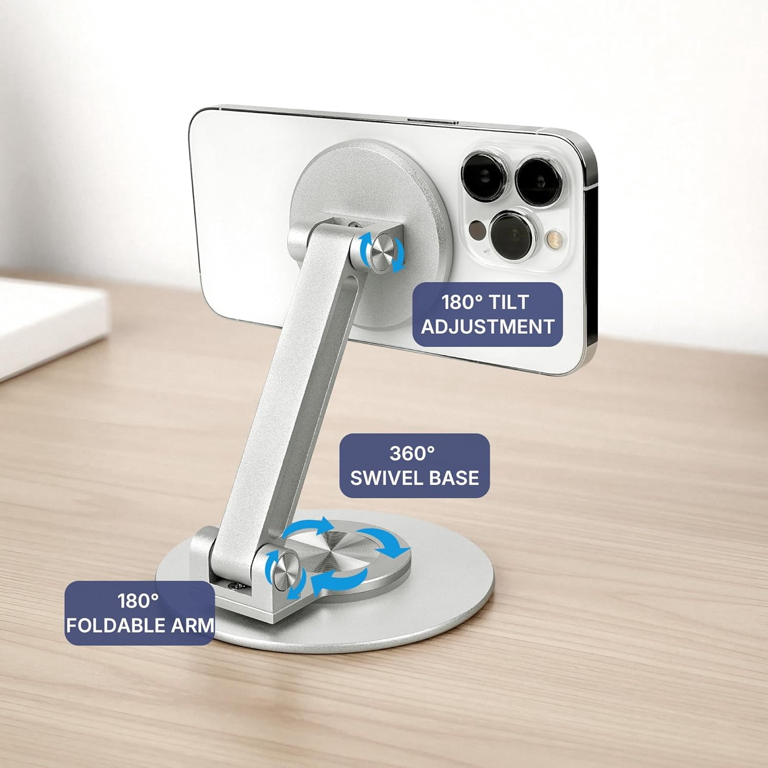 360° Rotating Magnetic Phone Stand for Desk, Adjustable Foldable Aluminum for Cell Phone Stand, Compatible with iPhone 17/16/15/14/13/12 Series and Android (Silver)