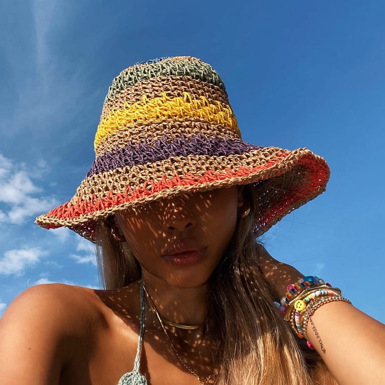 Designer Inspired Boho New Rainbow Striped Crochet Raffia Bucket Hat One Size Crochet Striped Rainbow Bucket Hat: Handmade Boho Festival  main image 4