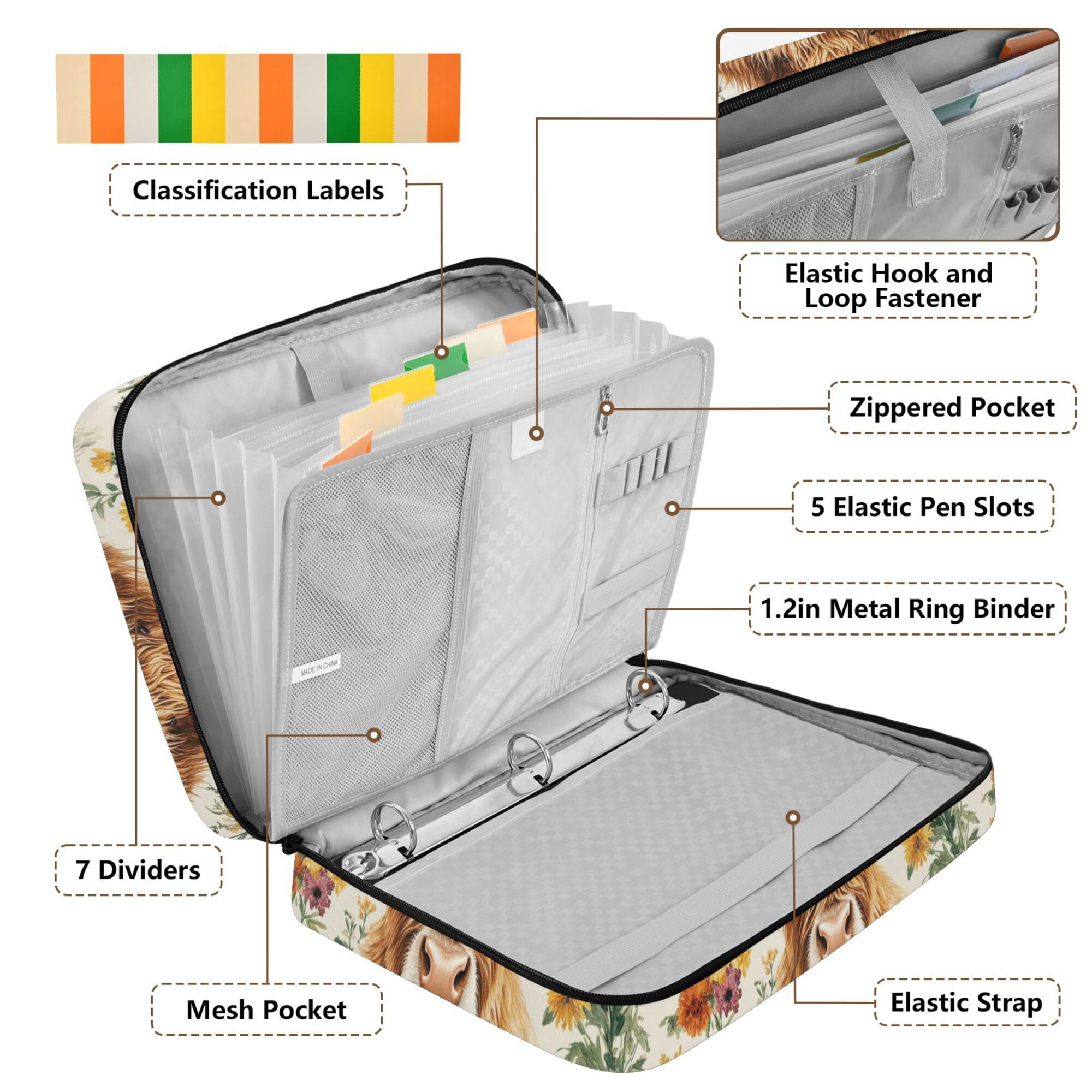 FORMRS Accordion File Folder A4 Size 7-Pocket Expanding Document Organizer Bag with 3 Ring Binder, Floral Cow
