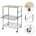 thumbnail image 5 of Kitchen Microwave Cart on Wheels, Wire Rolling Cart with 4 Chrome Hooks, 3 Tier Bakers Rack with Wood Table, Slides Out Shelves, 24L x 18W x 33.5H Inches, Chrome/Wood, 5 of 9