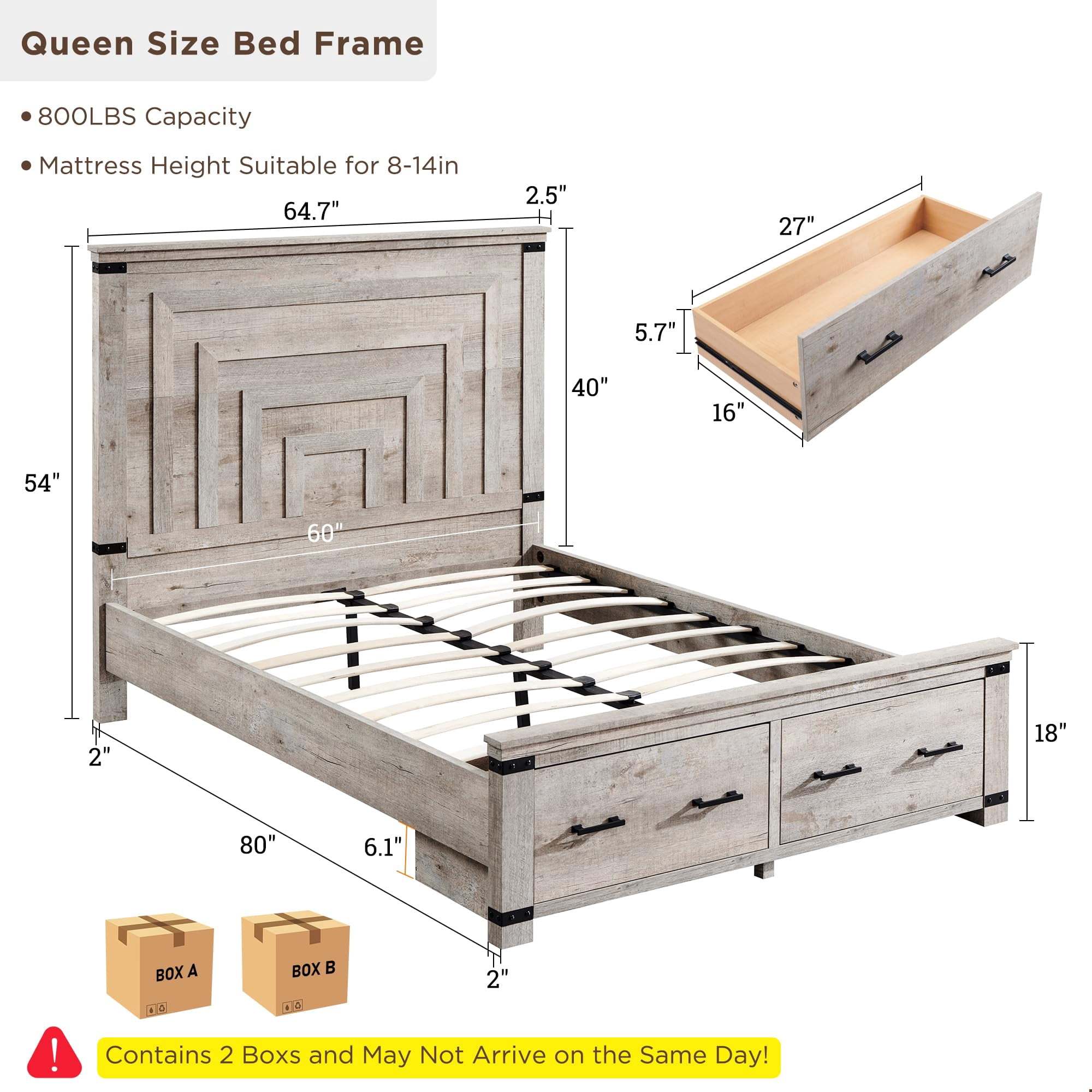 OKD Queen Size Bed Frame W/ 54" Tall Geometric Headboard, Farmhouse Wood Platform Bed W/ 2 Large Storage Drawers, No Box Spring Needed, Light Rustic Oak