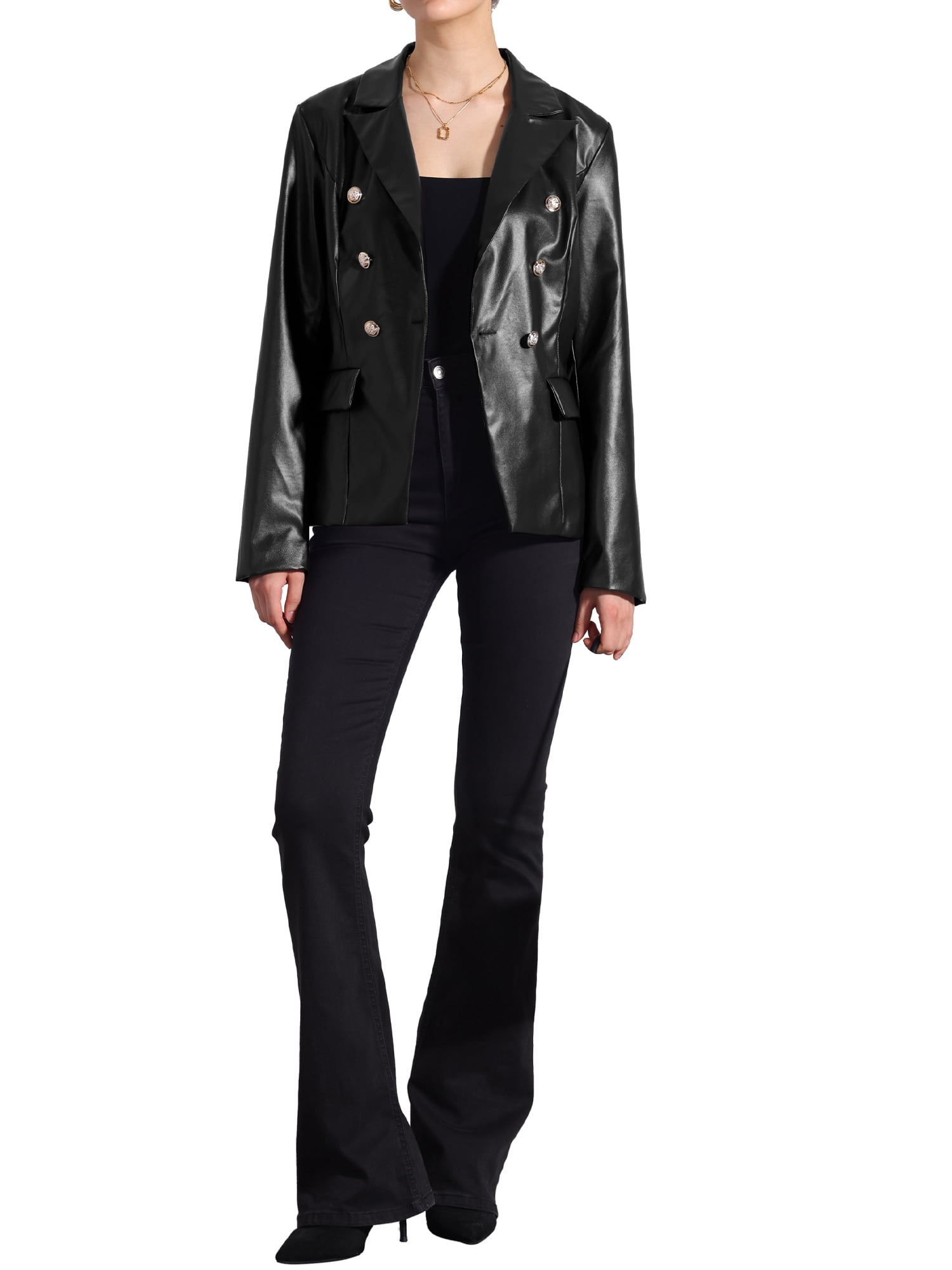 INSPIRE CHIC Women's Notched Lapel Faux Leather Blazer Double Breasted PU Work Formal Jackets