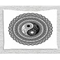 thumbnail image 1 of Black and White Tapestry, Asian Yin Yang Symbol with Flowers Tattoo Style Mandala Illustration, Wall Hanging for Bedroom Living Room Dorm Decor, 80W X 60L Inches, Black and White, by Ambesonne, 1 of 2