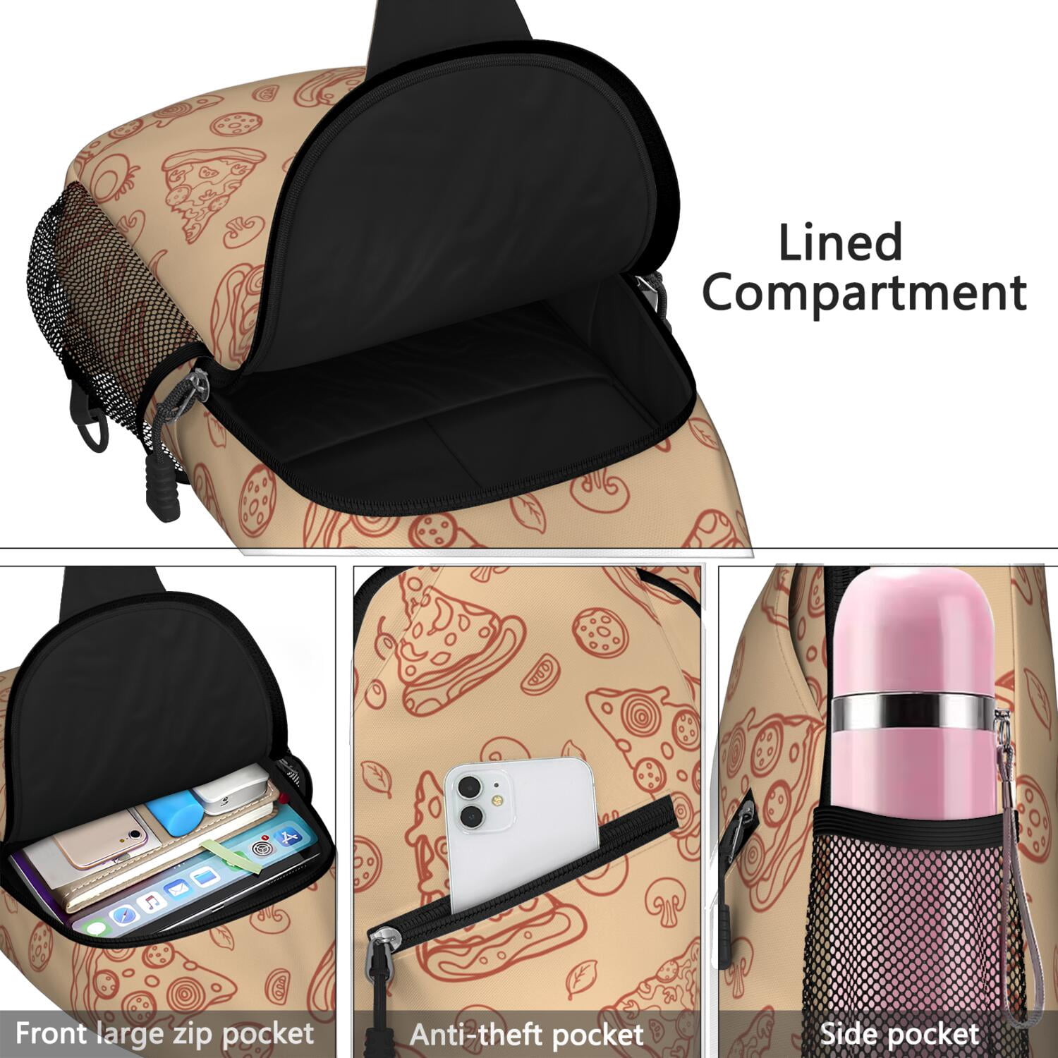 Pizza Party Crossbody Chest Bag - Durable & Comfortable Shoulder Backpack for Outdoor Enthusiasts & Minimalists - Travel-Ready Food-Themed Design