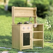 Increkid Kids Wooden Pretend Kitchen Playset Toddler Outdoor Mud Set, Natural