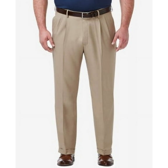 Haggar Men's Big & Tall Stretch Classic-Fit Pleated Dress Pants Khaki 44 x 29