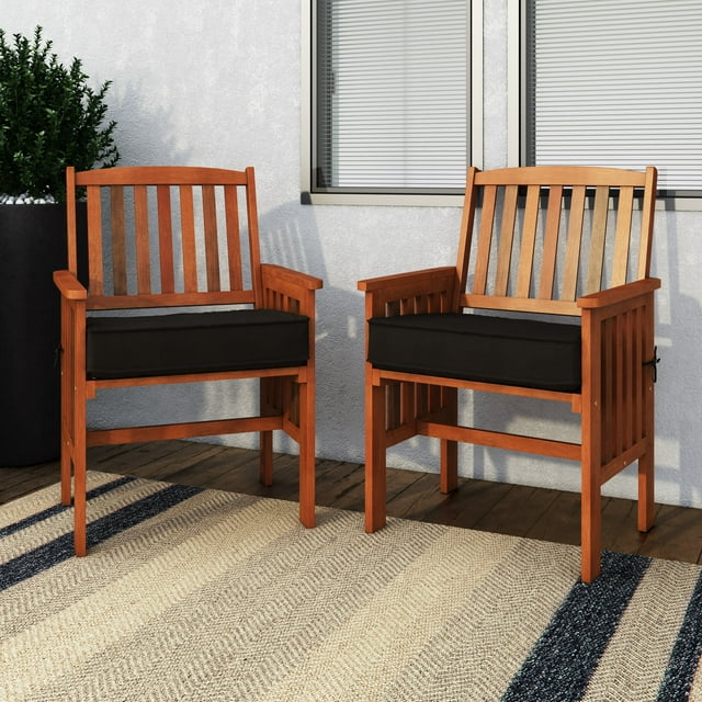 CorLiving Miramar Hardwood Outdoor Armchairs with Seat Cushions and High Slat Backs, Brown/Black (Set of 2)