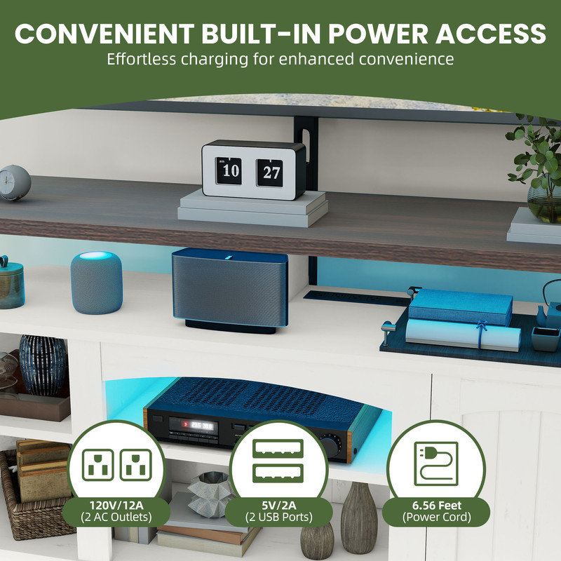 Uforic TV Stand with Mount & LED Lights, Farnhouse Entertainment Center with Power Hub for 70 Inch TV, Warm White