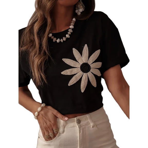 Womens 3D Floral Embroidery Pleated Soft Breathable Round Neck Short Sleeve Tshirt Black XXL
