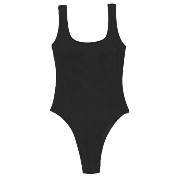 Women Thong Pure Color One Piece Swimsuit Backless Triangle Bodysuit Bathing Suit-black||m
