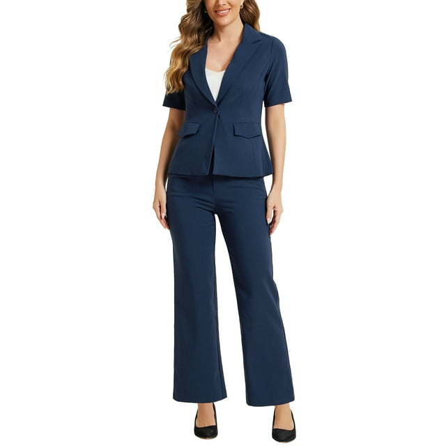 INSPIRE CHIC Women's Business Office Suit Set One Button Short Sleeve Blazer and Suit Pants S Dark Blue