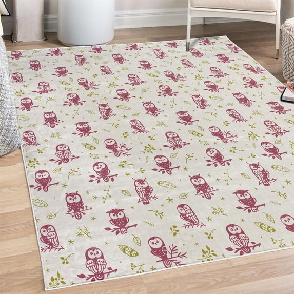 Owl Decorative Rug, Cartoon Style Illustration of Birds on the Branches Mysterious Woods Print, Quality Carpet for Bedroom Dorm and Living Room, 6 Sizes, Dark Magenta, by Ambesonne