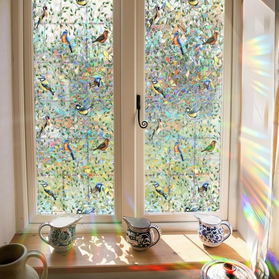 39.4x16.9 Inch Bird on Branch Rainbow Window Privacy Film Green Leaves Plant Static Glass Decals 3D Non-Adhesive Sun Blocking Glass Sticker Stained Window Clings