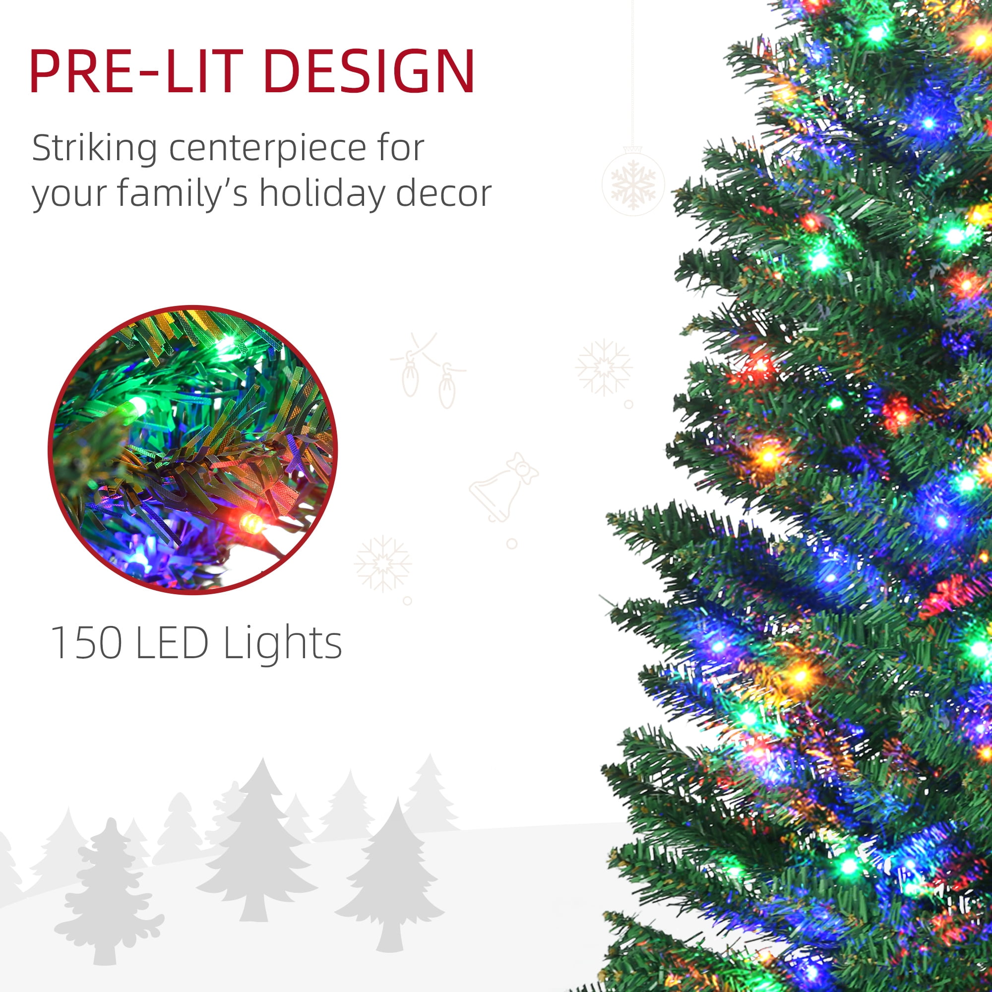 6FT Green Slim Pencil Artificial Christmas Tree, 390 Tips with Pine Cones 150 Multi-Colored LEDs, Hinge Section Design, Flame Retardant Steel Base, Indoor Holiday Decor